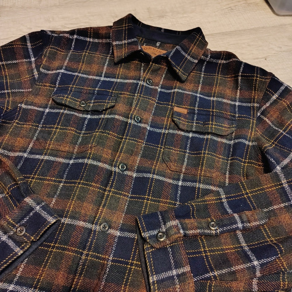 Orvis Mens XL Plaid Flannel Shacket Blue Brown Long Sleeve Side Pockets